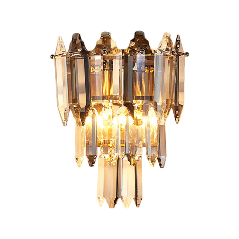Modern Gold Crystal Flush Wall Sconce With Tapered Heads - Elegant Mount Light Fixture