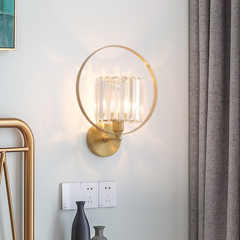 Contemporary Clear Crystal Wall Mount Sconce With Gold Accents And Ring Frame - 1 Bulb Light