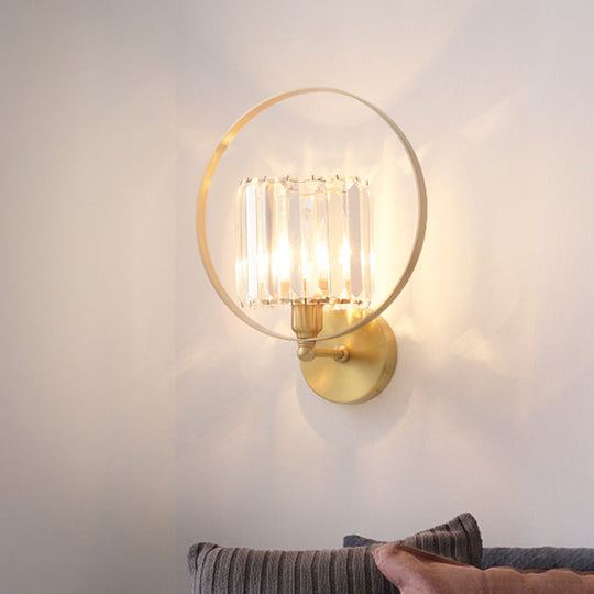 Contemporary Clear Crystal Wall Mount Sconce With Gold Accents And Ring Frame - 1 Bulb Light