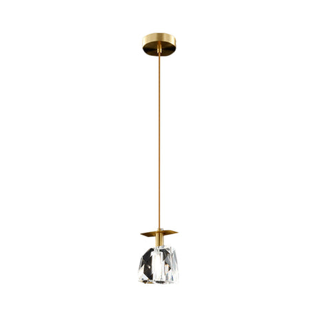 Contemporary Gold Mini Ceiling Pendant With Clear Crystal Cube Suspension - Bedroom Lighting