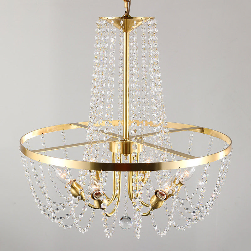 Gold Modern Ring Hanging Lamp With Crystal Stands - 6 Bulbs Pendant Chandelier