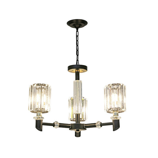 Contemporary Clear Crystal Chandelier With Black Metal Frame - 3/6 Bulb Cylinder Shade Ceiling Light