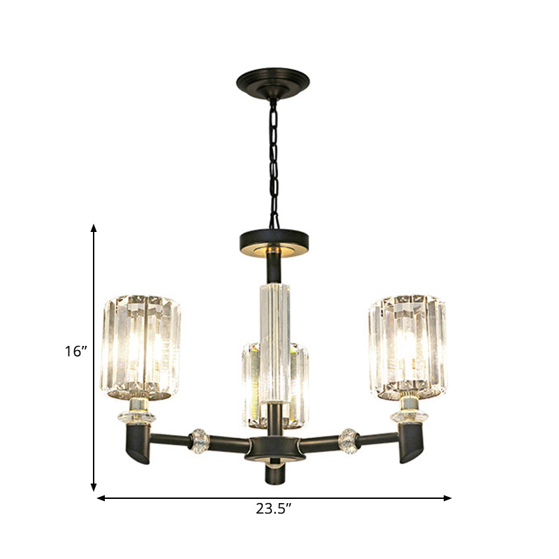 Contemporary Clear Crystal Chandelier With Black Metal Frame - 3/6 Bulb Cylinder Shade Ceiling Light