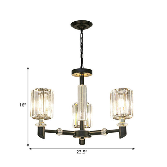 Contemporary Clear Crystal Chandelier With Black Metal Frame - 3/6 Bulb Cylinder Shade Ceiling Light