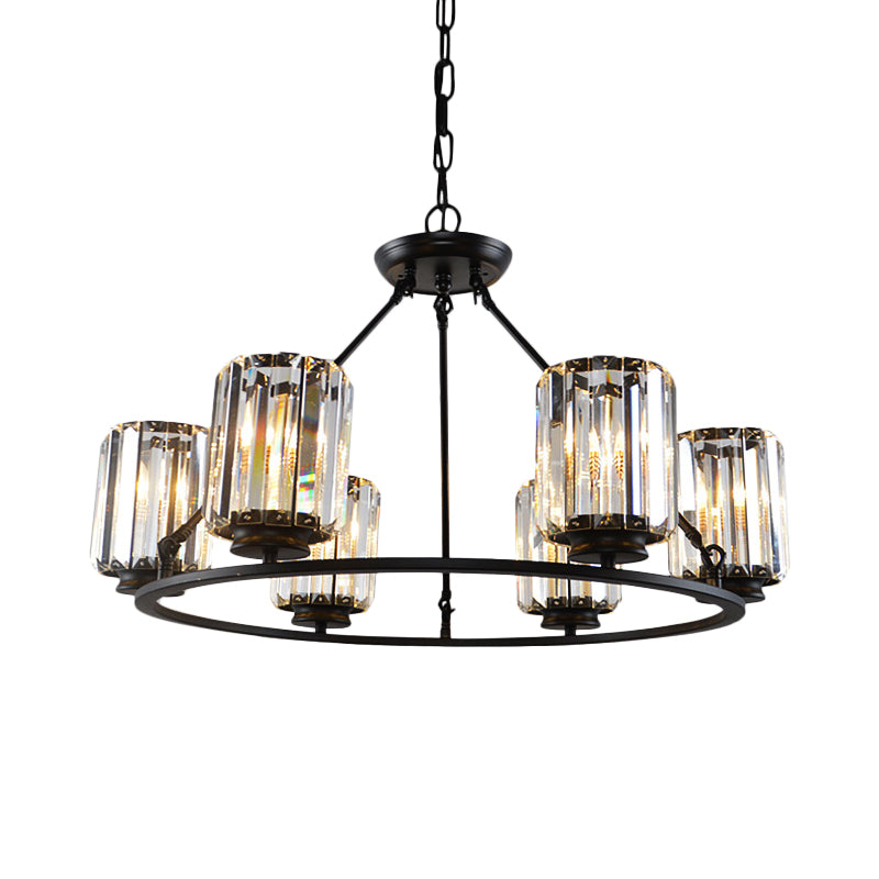 Modern Ring Crystal Chandelier With Clear Cylinder Shade - 6 Or 8 Bulbs Black Suspension Lamp