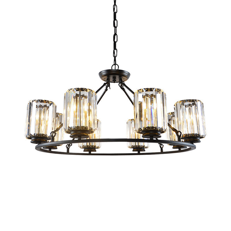 Modern Ring Crystal Chandelier With Clear Cylinder Shade - 6 Or 8 Bulbs Black Suspension Lamp
