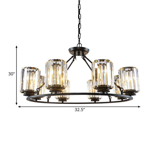 Modern Ring Crystal Chandelier With Clear Cylinder Shade - 6 Or 8 Bulbs Black Suspension Lamp