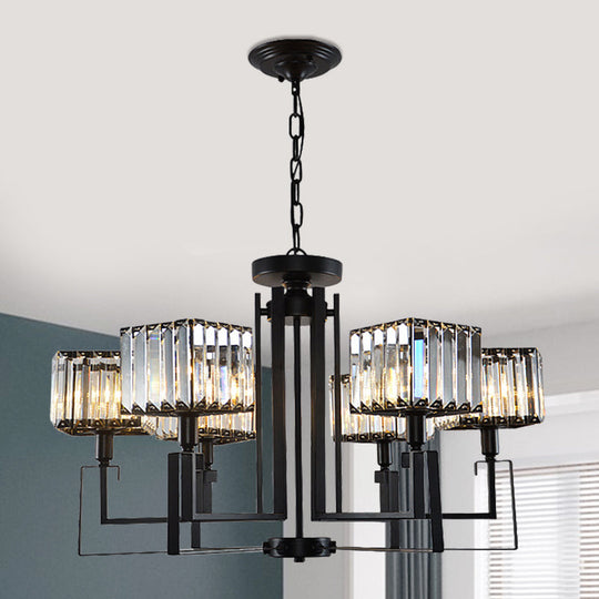 Modern Black Crystal Chandelier With Crooked Metal Frame - 6/8 Heads Clear Cubic Shades