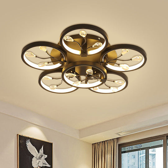 Contemporary Crystal Raindrops Semi Flush Light With Led Flower Design - Black/White Ceiling