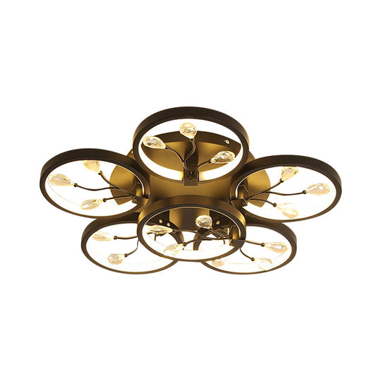 Contemporary Crystal Raindrops Semi Flush Light With Led Flower Design - Black/White Ceiling