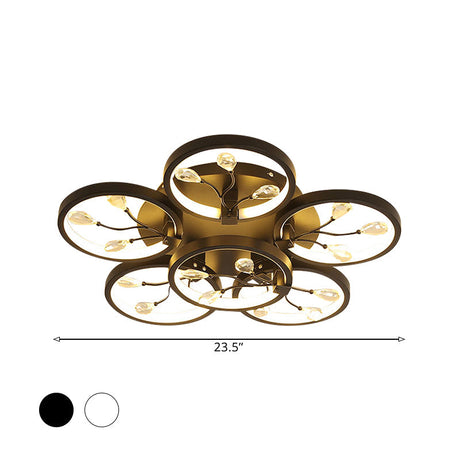 Contemporary Crystal Raindrops Semi Flush Light With Led Flower Design - Black/White Ceiling Mounted