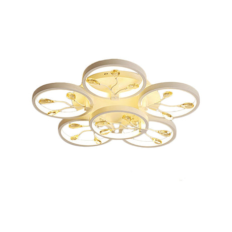 Contemporary Crystal Raindrops Semi Flush Light With Led Flower Design - Black/White Ceiling Mounted