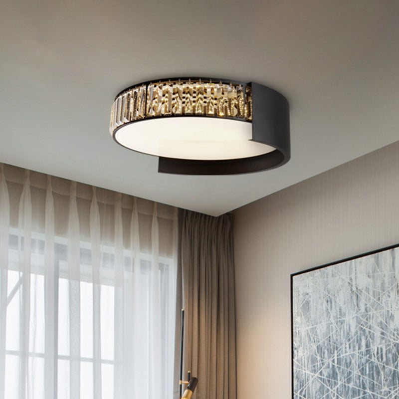 Modern Led Round Flush Mount Ceiling Lamp In Black With Crystal Blocks - White/Warm Light
