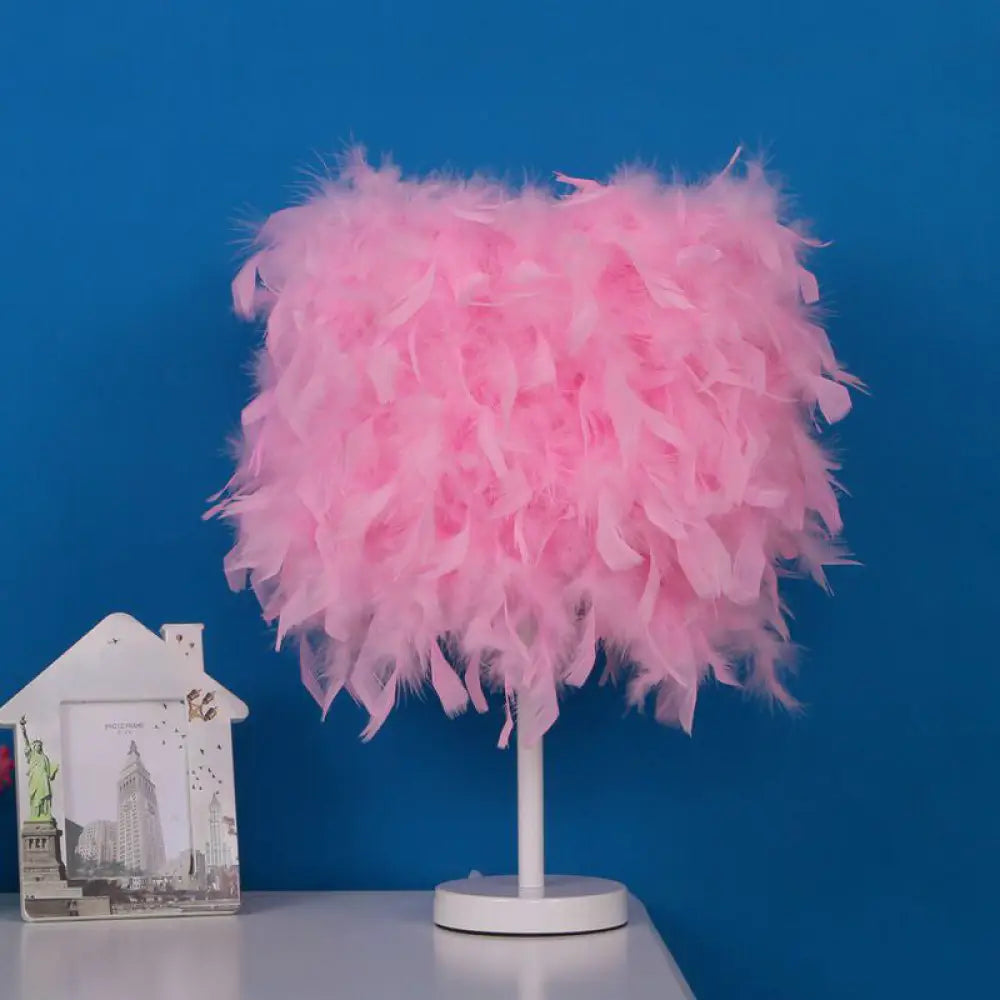 14 Modern Feather Cylinder Night Light - Pink/White/Purple Bedside Table Lamp Pink / 10