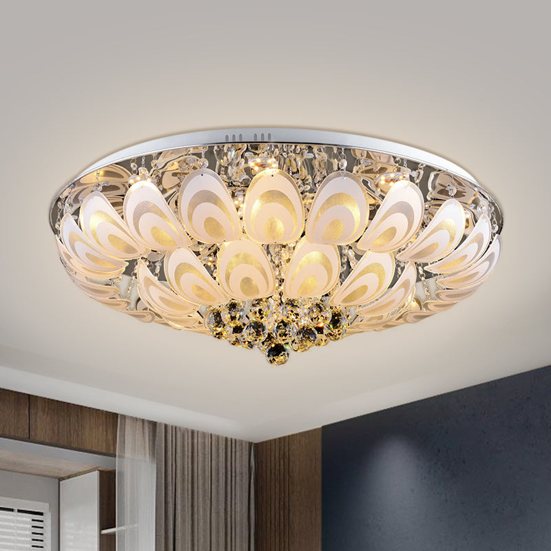 Contemporary Flush Mount Lighting Fixture With Crystal Balls And Peacock Feather Design - 8/10 Heads