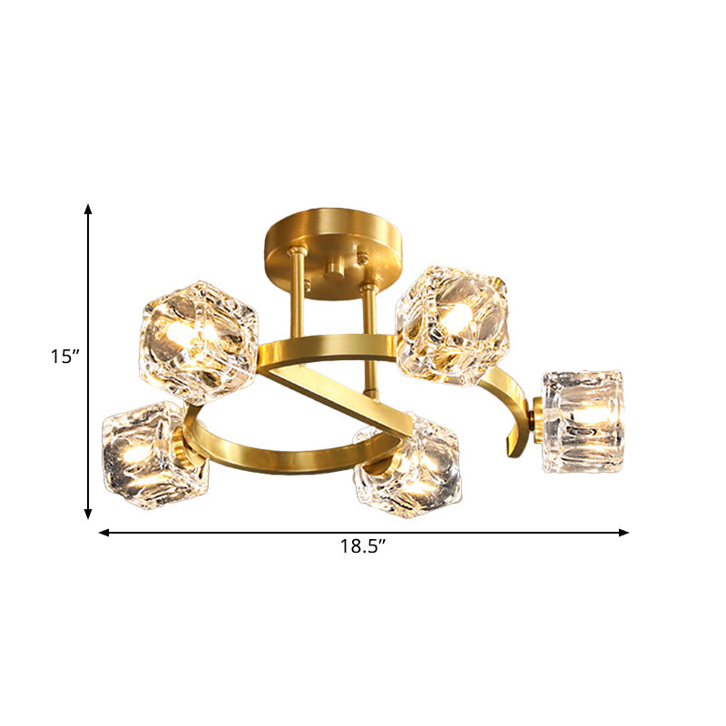 Contemporary Clear Crystal Ceiling Fixture With Semi - Flush Light 5/7 Heads In Gold