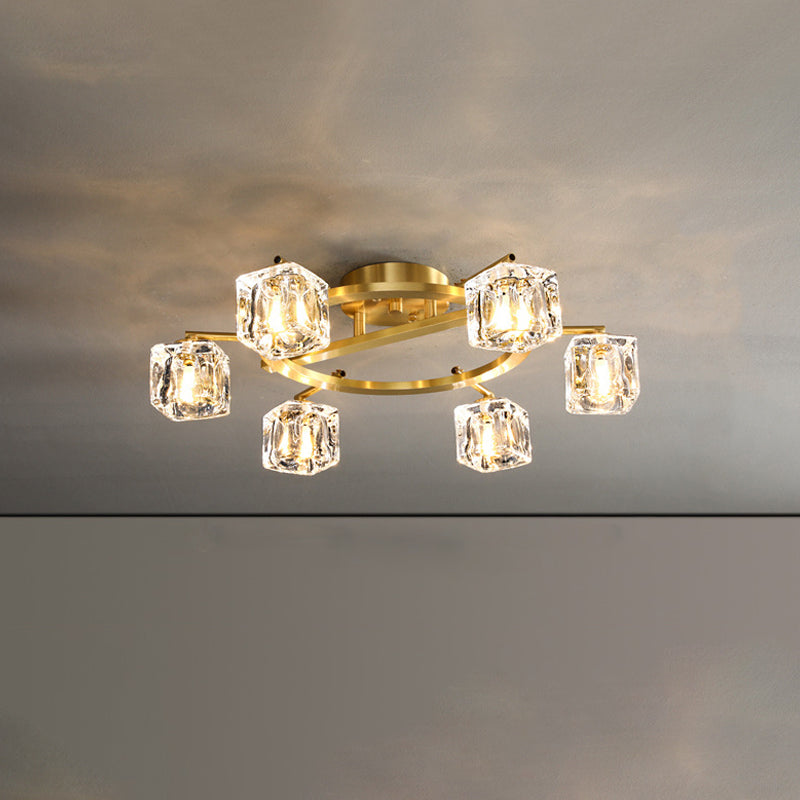 Modern Gold Ring Semi - Flush Mount Ceiling Light With Clear Crystal Cube Shade - 6/8 Bulbs Great