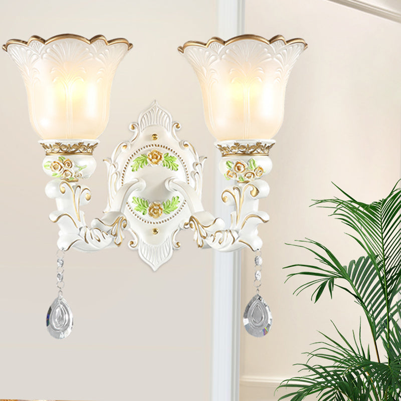 Vintage White Glass Bellflower Sconce With Crystal Drop - 1/2-Light Wall Mount Fixture 2 /