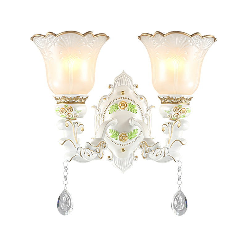 Vintage White Glass Bellflower Sconce With Crystal Drop - 1/2-Light Wall Mount Fixture