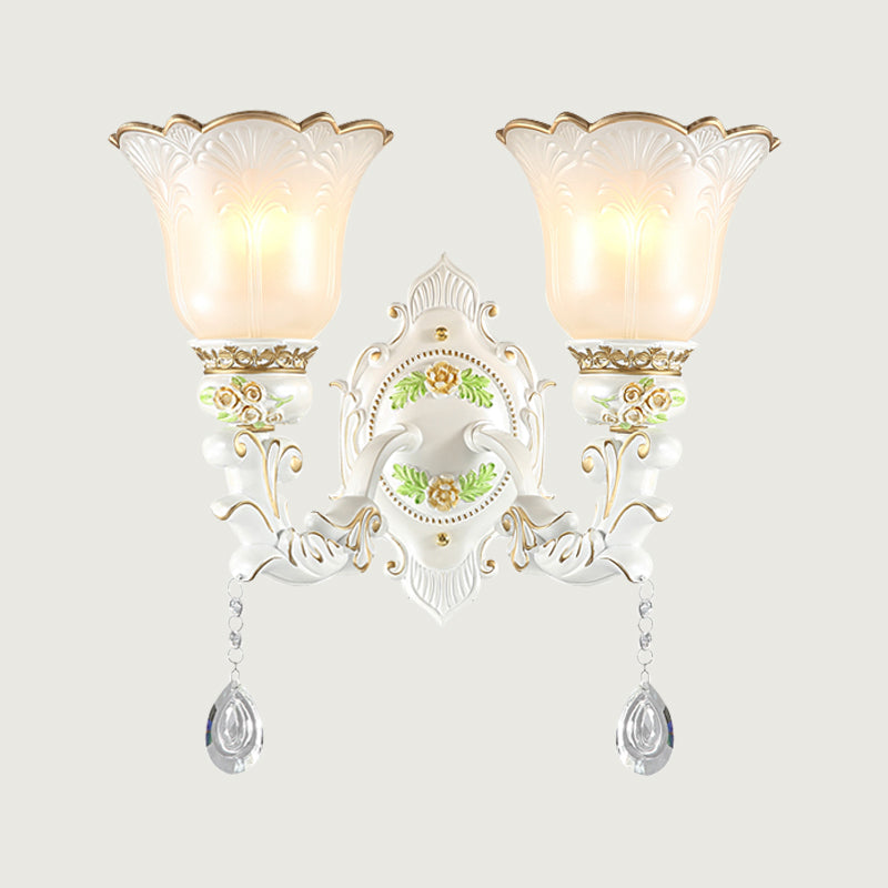 Vintage White Glass Bellflower Sconce With Crystal Drop - 1/2-Light Wall Mount Fixture