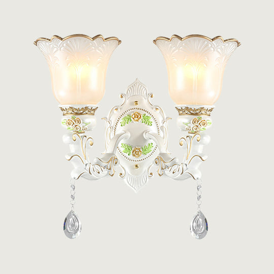 Vintage White Glass Bellflower Sconce With Crystal Drop - 1/2-Light Wall Mount Fixture