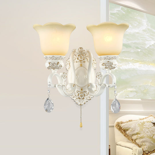 Traditional Ivory Glass Wall Sconce Light Fixture - White Scalloped Design Ideal For Dining Rooms 2