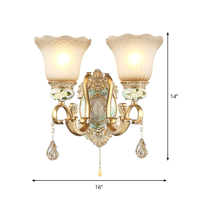 Traditional Gold Wall Sconce With Opal Glass Shade & Carved Rose Detail
