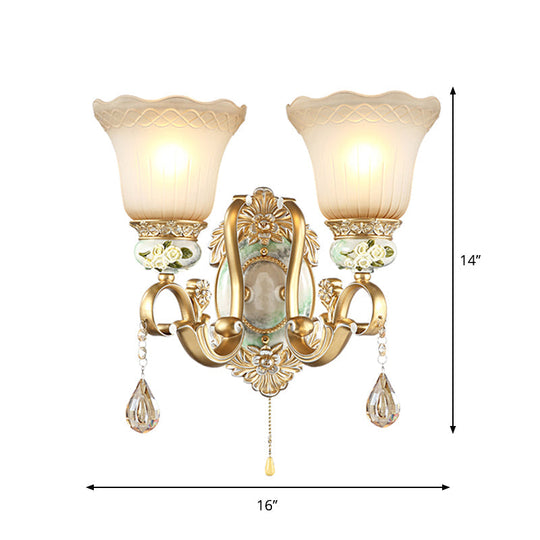 Traditional Gold Wall Sconce With Opal Glass Shade & Carved Rose Detail