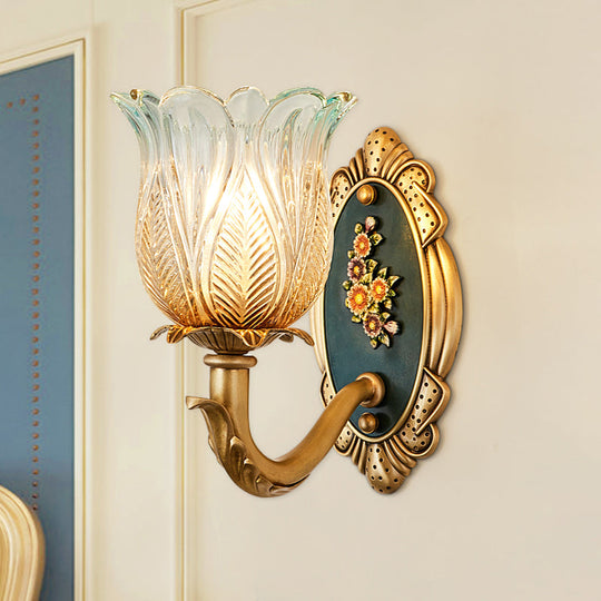 Golden Retro Flower Wall Sconce Fixture With Carved Glass - 1/2 Light Semi-Open Design 1 / Gold