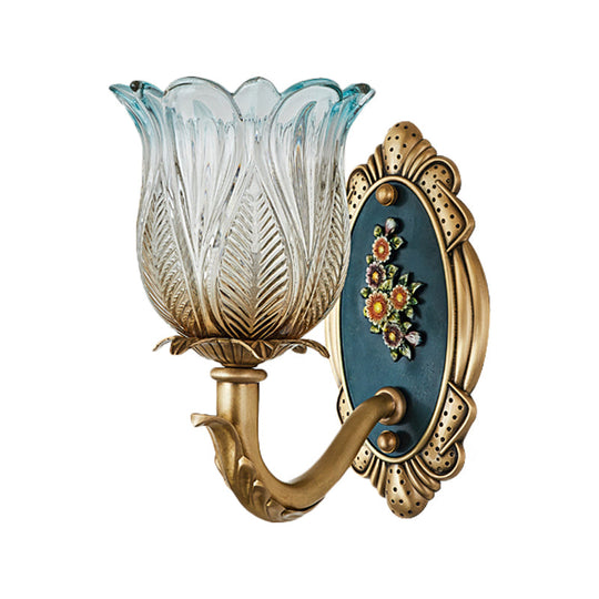 Golden Retro Flower Wall Sconce Fixture With Carved Glass - 1/2 Light Semi-Open Design