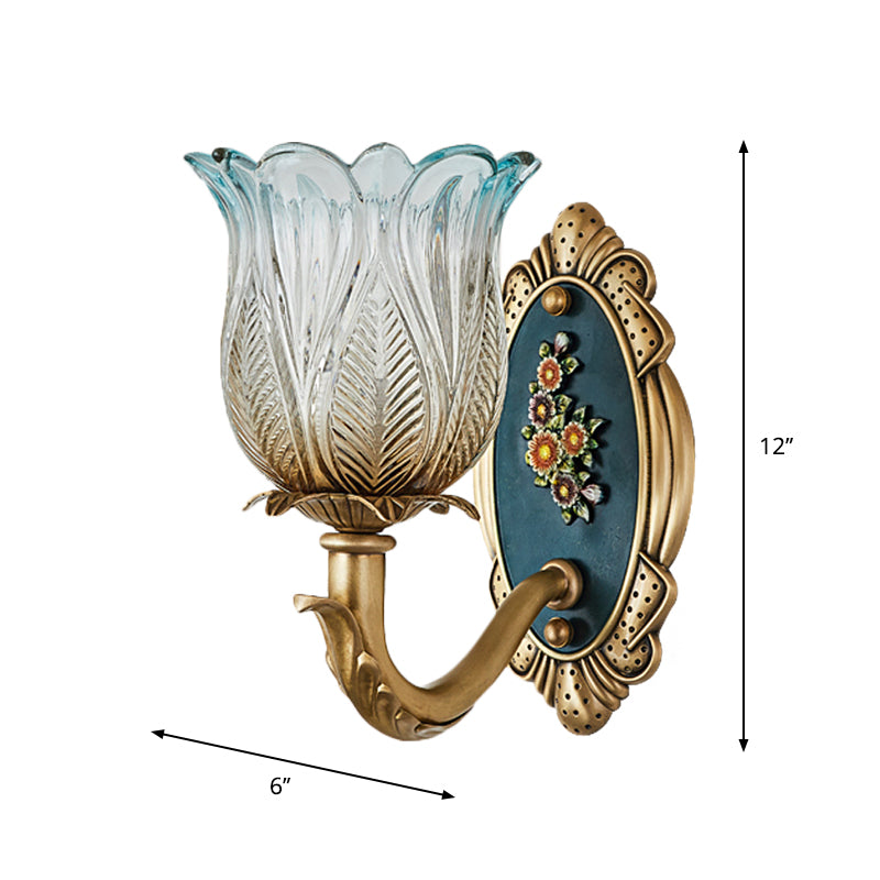 Golden Retro Flower Wall Sconce Fixture With Carved Glass - 1/2 Light Semi-Open Design