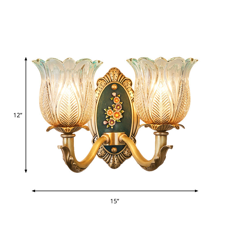 Golden Retro Flower Wall Sconce Fixture With Carved Glass - 1/2 Light Semi-Open Design