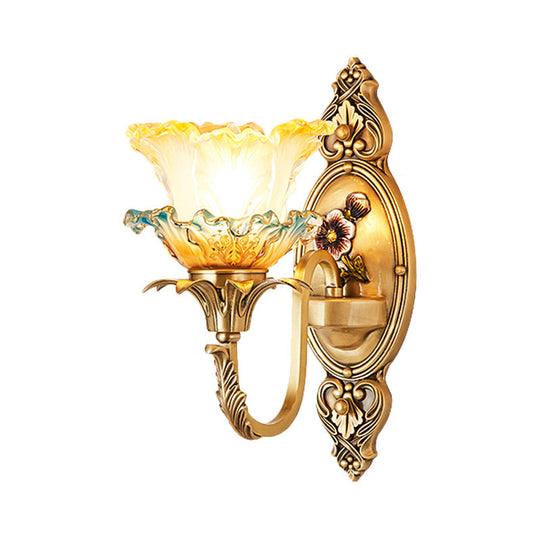 Traditional Brass Frosted Glass Wall Mount Lighting Fixture With Ruffle Detail
