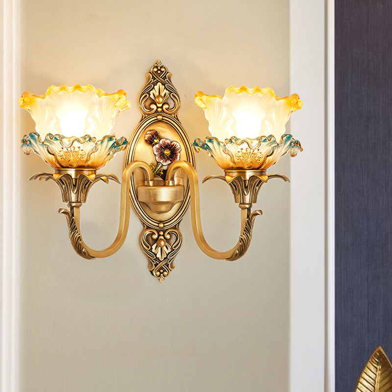 Traditional Brass Frosted Glass Wall Mount Lighting Fixture With Ruffle Detail 2 /