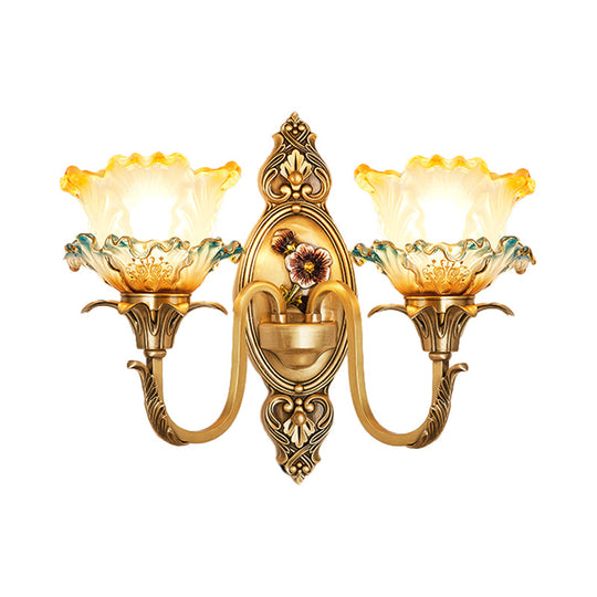 Traditional Brass Frosted Glass Wall Mount Lighting Fixture With Ruffle Detail