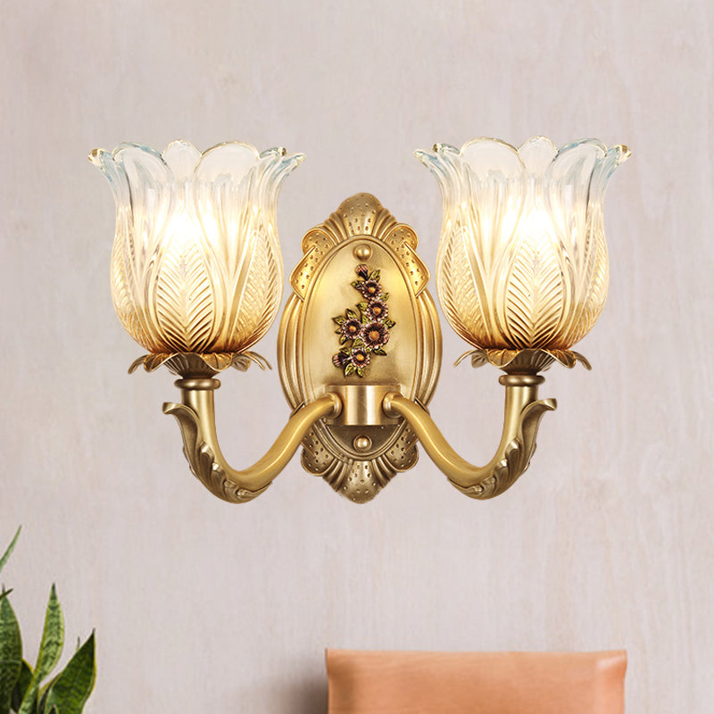 Vintage Gold Petals Carved Glass Sconce - Bedroom Wall Mounted Lamp For A Half-Bulb Lighting