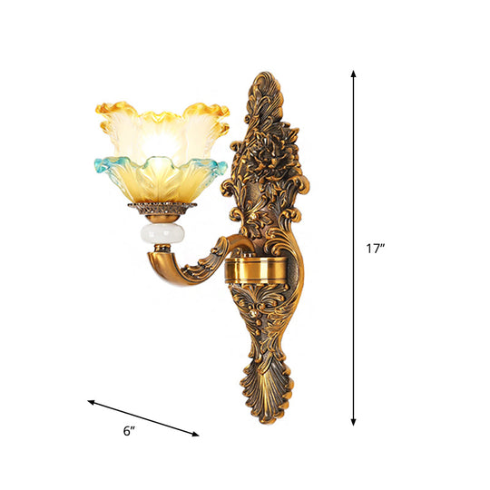 Traditional Brass Wall Sconce With Yellow And Blue Glass Accents Lettuce-Edge Mount Lamp 1/2-Head