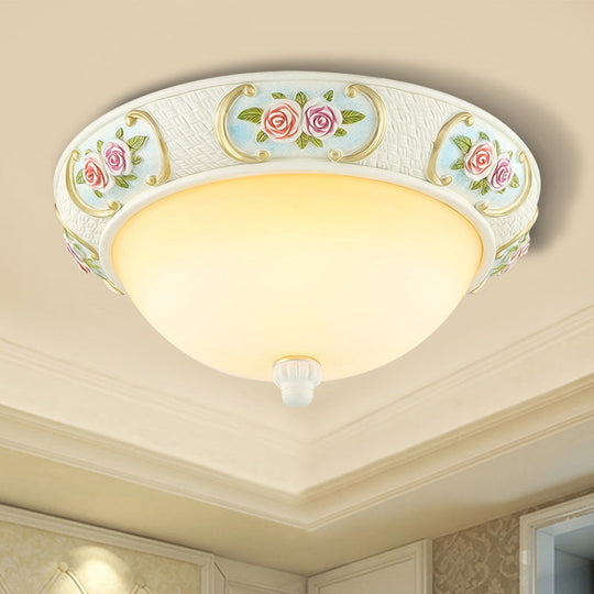 Rustic Opal Glass Dome Ceiling Flush Light White 15/19 W 3-Bulb Flushmount For Dining Room With Rose
