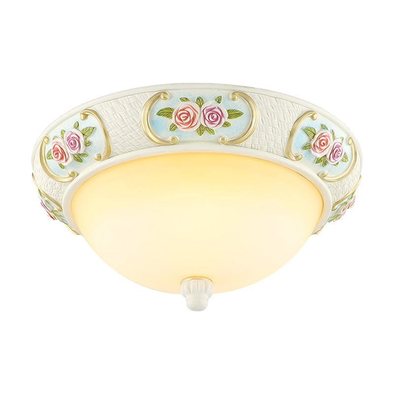 Rustic Opal Glass Dome Ceiling Flush Light White 15/19 W 3-Bulb Flushmount For Dining Room With Rose