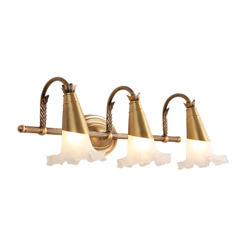Traditional Gold Cone Vanity Lighting - White Glass 1/2/3-Head Bathroom Wall Lamp With Lettuce Trim