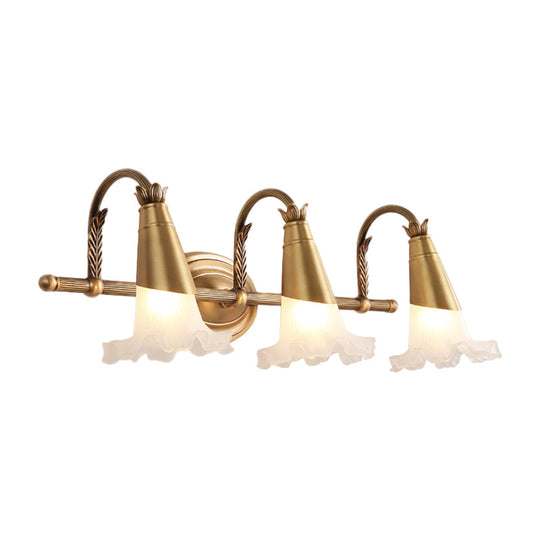 Traditional Gold Cone Vanity Lighting - White Glass 1/2/3-Head Bathroom Wall Lamp With Lettuce Trim