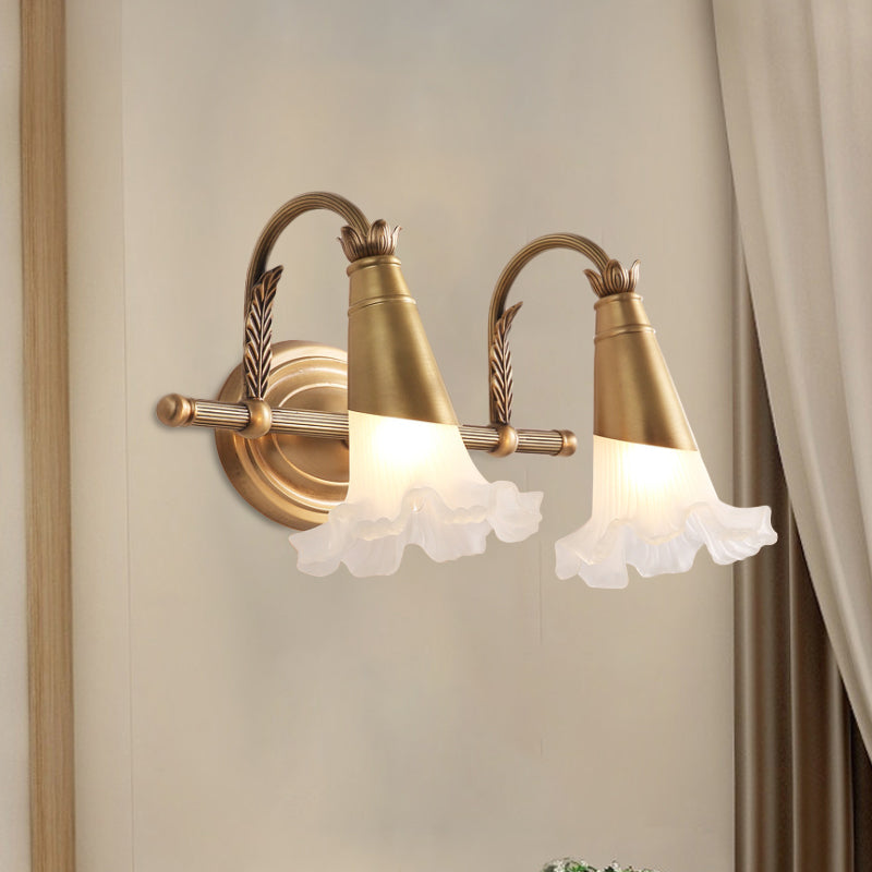Traditional Gold Cone Vanity Lighting - White Glass 1/2/3-Head Bathroom Wall Lamp With Lettuce Trim