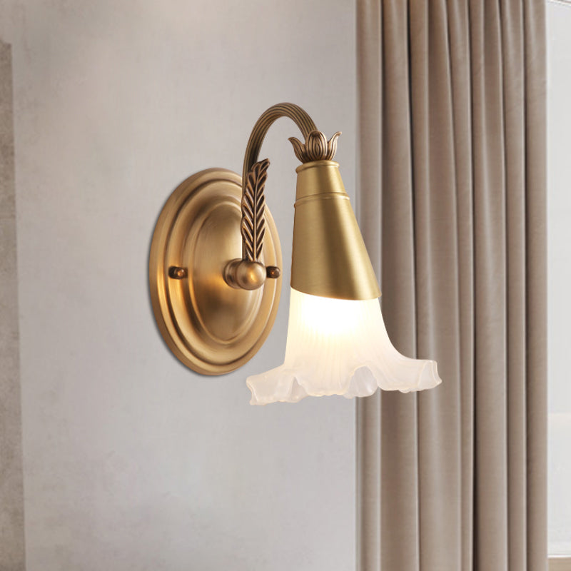Traditional Gold Cone Vanity Lighting - White Glass 1/2/3-Head Bathroom Wall Lamp With Lettuce Trim