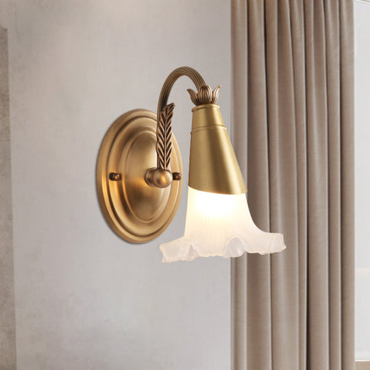 Traditional Gold Cone Vanity Lighting - White Glass 1/2/3-Head Bathroom Wall Lamp With Lettuce Trim