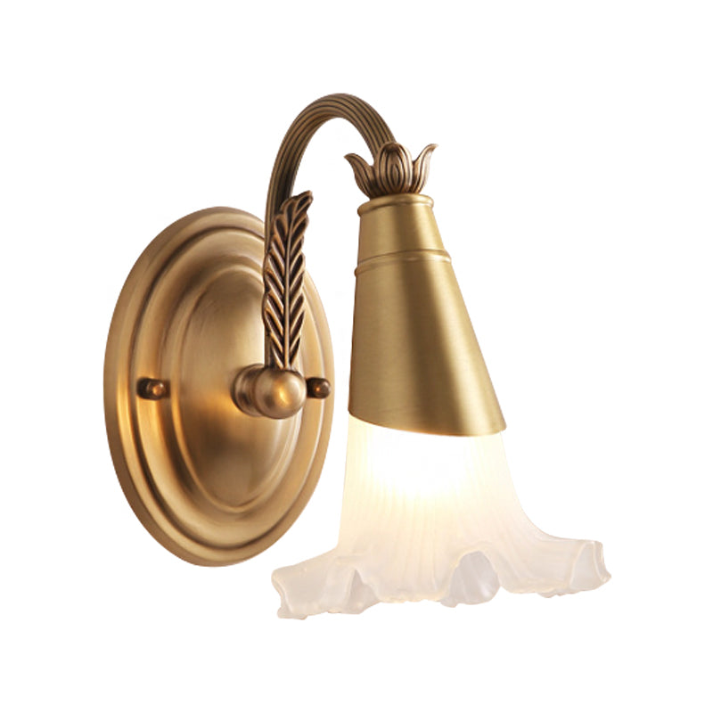 Traditional Gold Cone Vanity Lighting - White Glass 1/2/3-Head Bathroom Wall Lamp With Lettuce Trim