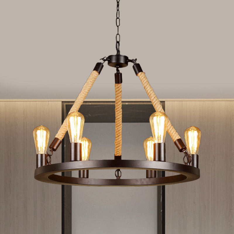 Vintage 6/8-Light Metallic Circular Hanging Lamp In Brown With Exposed Bulb & Rope Suspension For