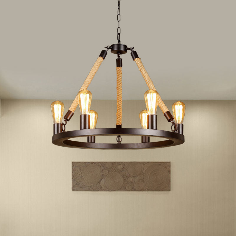 Vintage 6/8-Light Metallic Circular Hanging Lamp In Brown With Exposed Bulb & Rope Suspension For