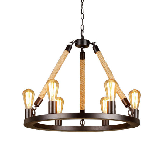 Vintage 6/8-Light Metallic Circular Hanging Lamp In Brown With Exposed Bulb & Rope Suspension For