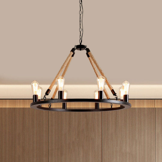 Vintage Circular Hanging Lamp: Metallic With Exposed Bulb Rope And 6/8 Lights For Dining Room