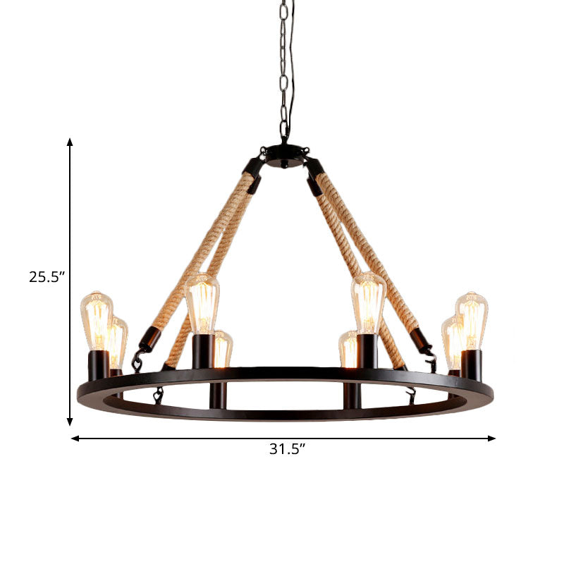 Vintage 6/8-Light Metallic Circular Hanging Lamp In Brown With Exposed Bulb & Rope Suspension For